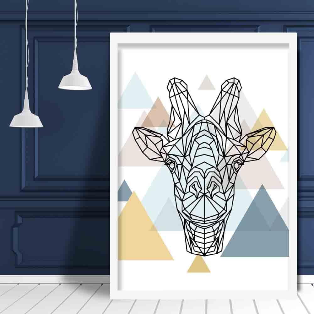 Giraffe Head Abstract Multi Geometric Scandinavian Blue,Yellow,Beige Poster
