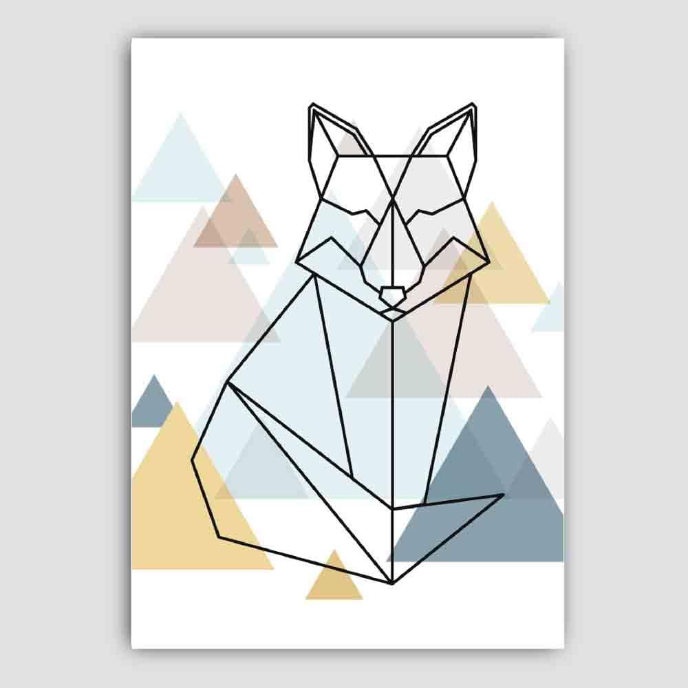 Sitting Fox Abstract Multi Geometric Scandinavian Blue,Yellow,Beige Poster