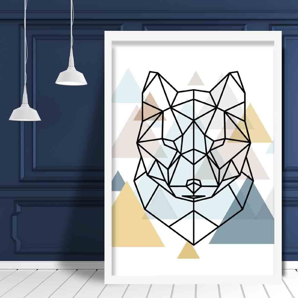 Fox Head Abstract Multi Geometric Scandinavian Blue,Yellow,Beige Poster