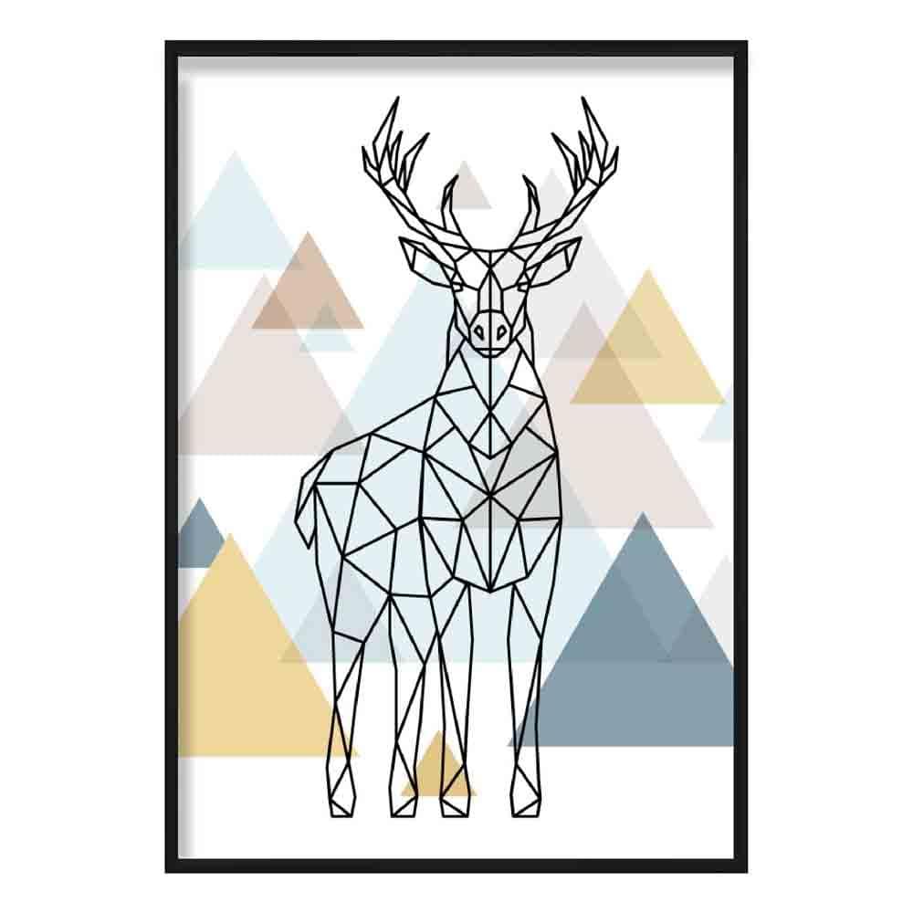 Majestic Stag Abstract Multi Geometric Scandinavian Blue,Yellow,Beige Poster
