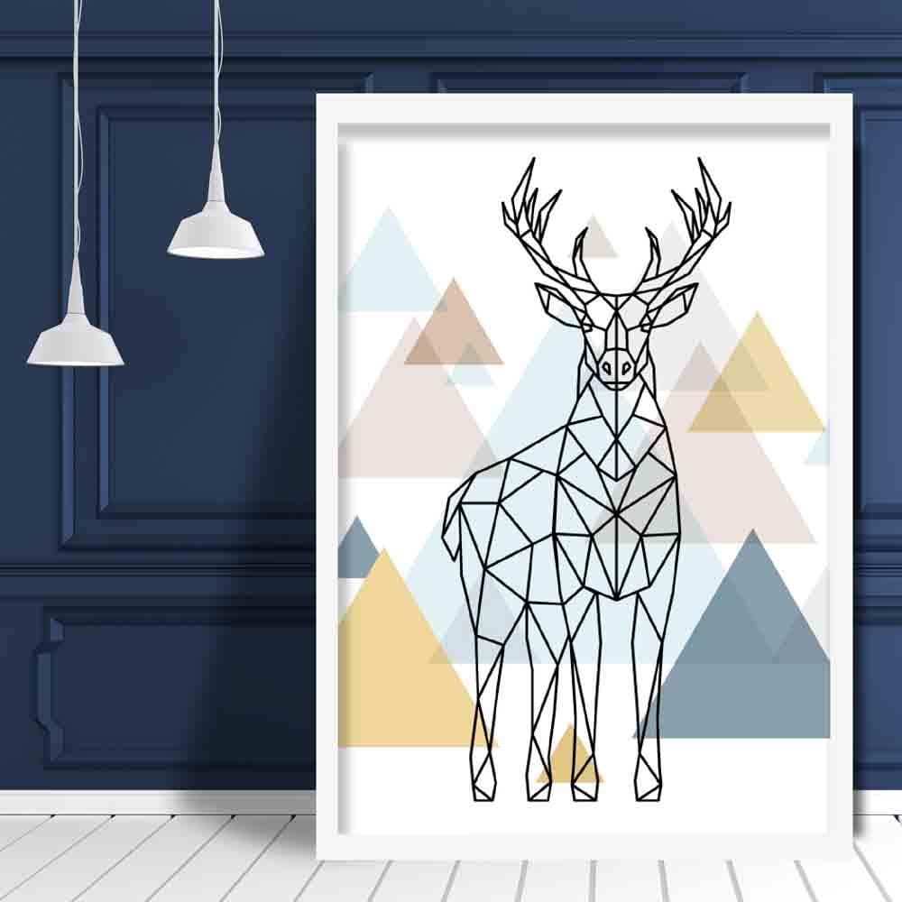 Majestic Stag Abstract Multi Geometric Scandinavian Blue,Yellow,Beige Poster
