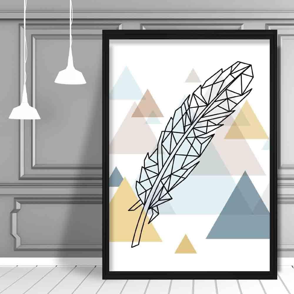 Feather Abstract Multi Geometric Scandinavian Blue,Yellow,Beige Poster