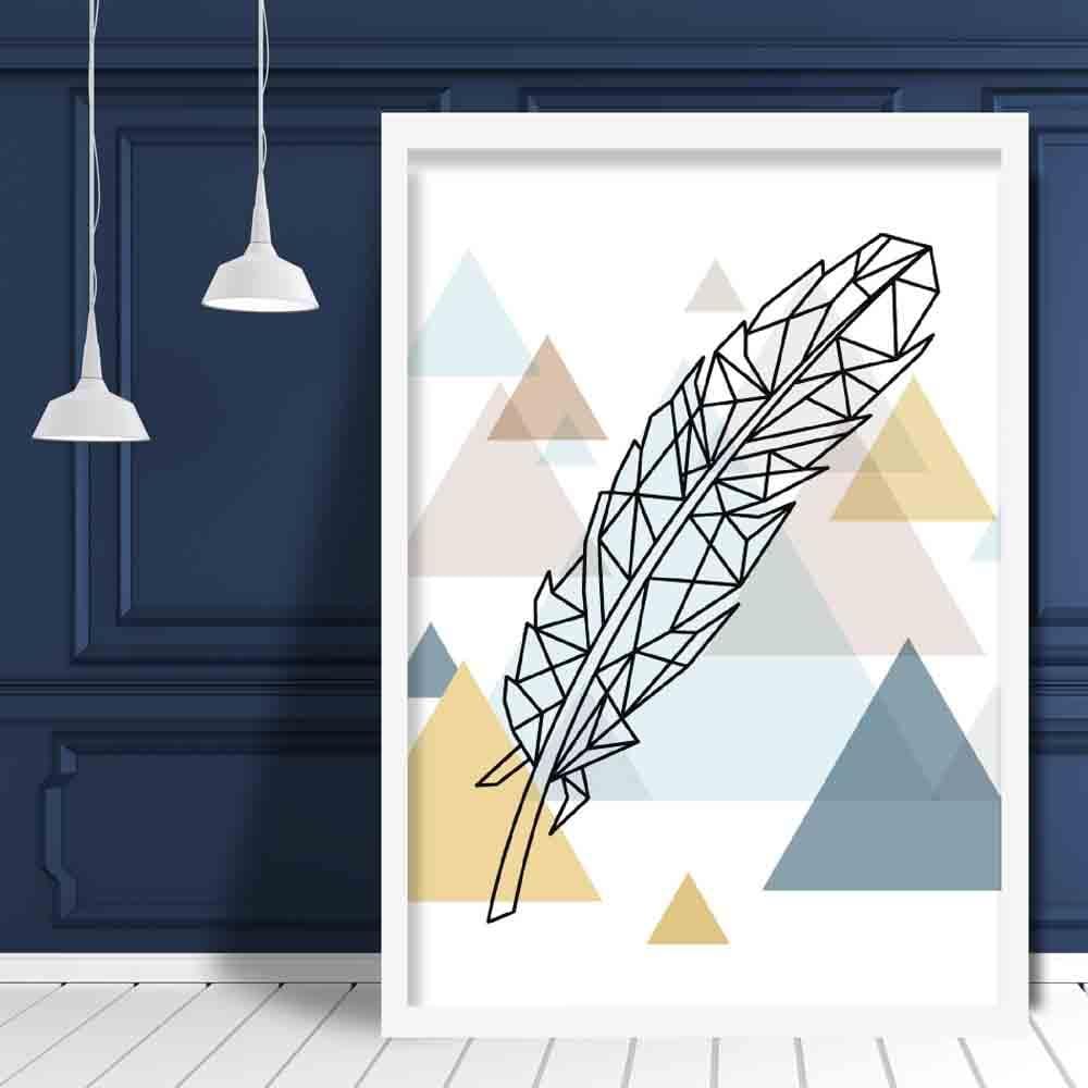 Feather Abstract Multi Geometric Scandinavian Blue,Yellow,Beige Poster