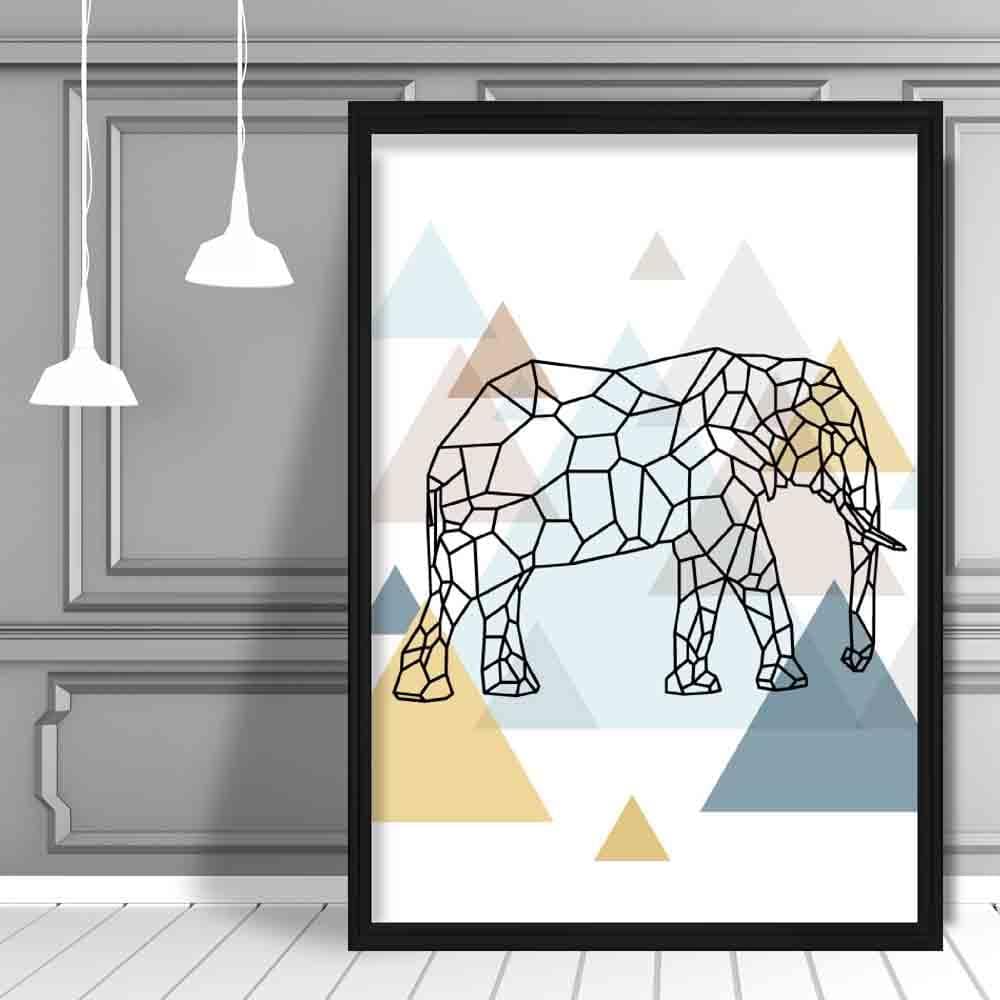 Elephant Abstract Multi Geometric Scandinavian Blue,Yellow,Beige Poster