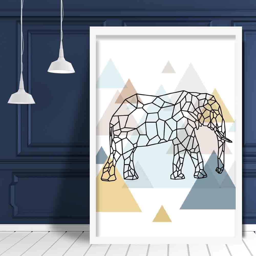 Elephant Abstract Multi Geometric Scandinavian Blue,Yellow,Beige Poster