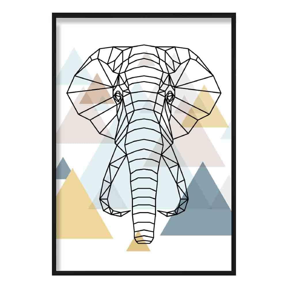 Elephant Head Abstract Multi Geometric Scandinavian Blue,Yellow,Beige Poster