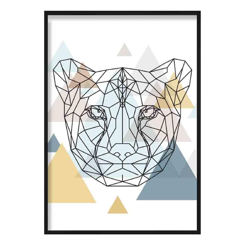 Cheetah Head Abstract Multi Geometric Scandinavian Blue,Yellow,Beige Poster