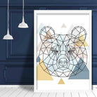 Bear Head Abstract Multi Geometric Scandinavian Blue,Yellow,Beige Poster