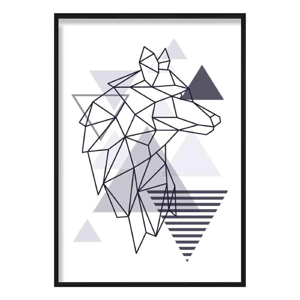 Wolf Head Looking Right Abstract Geometric Scandinavian Navy Blue Poster