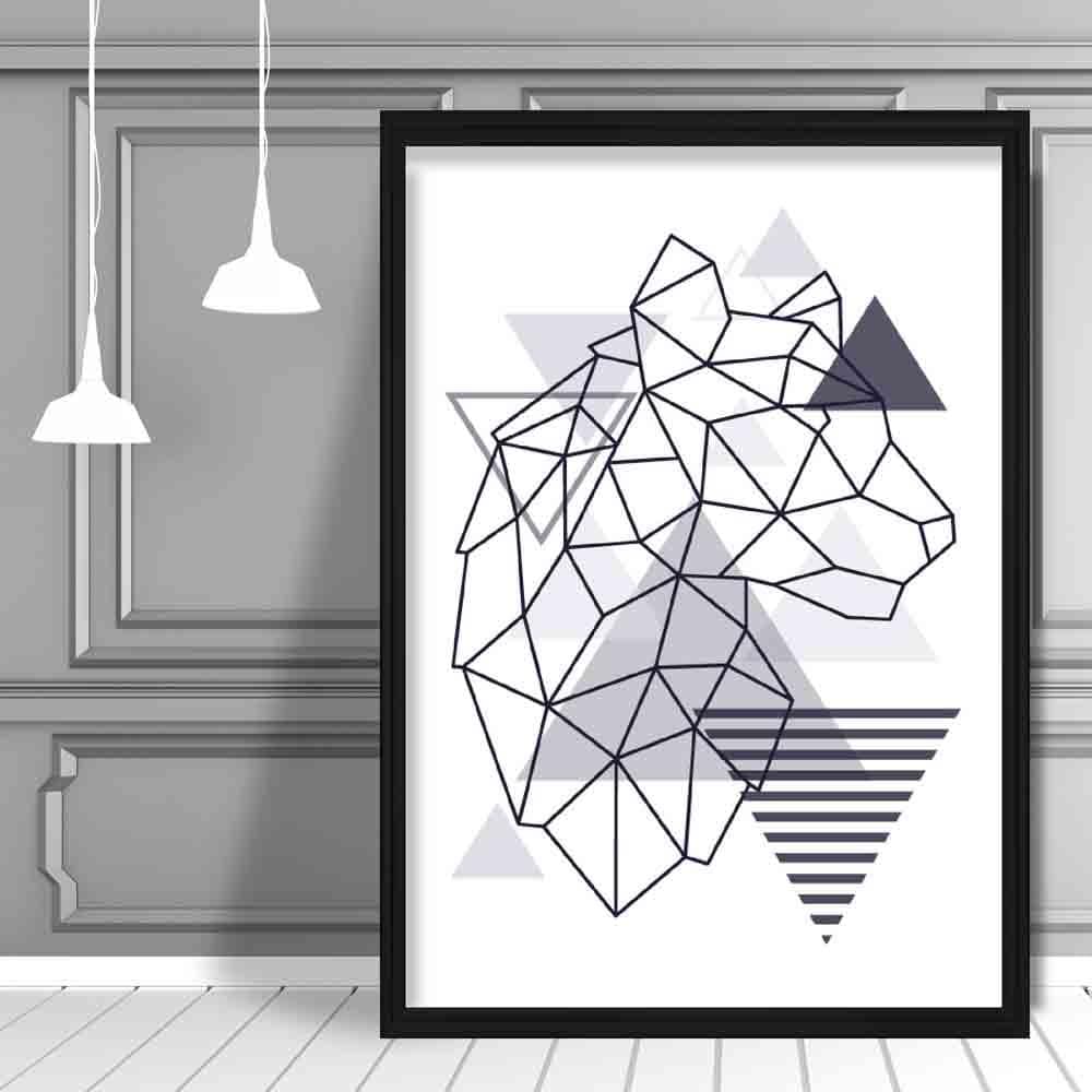 Tiger Head Looking Right Abstract Geometric Scandinavian Navy Blue Poster