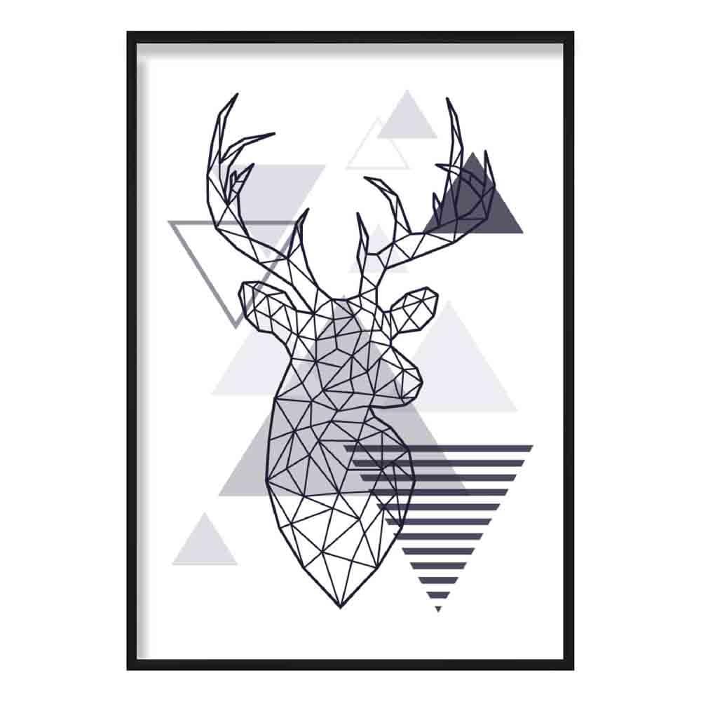 Stag Head Looking Right Abstract Geometric Scandinavian Navy Blue Poster