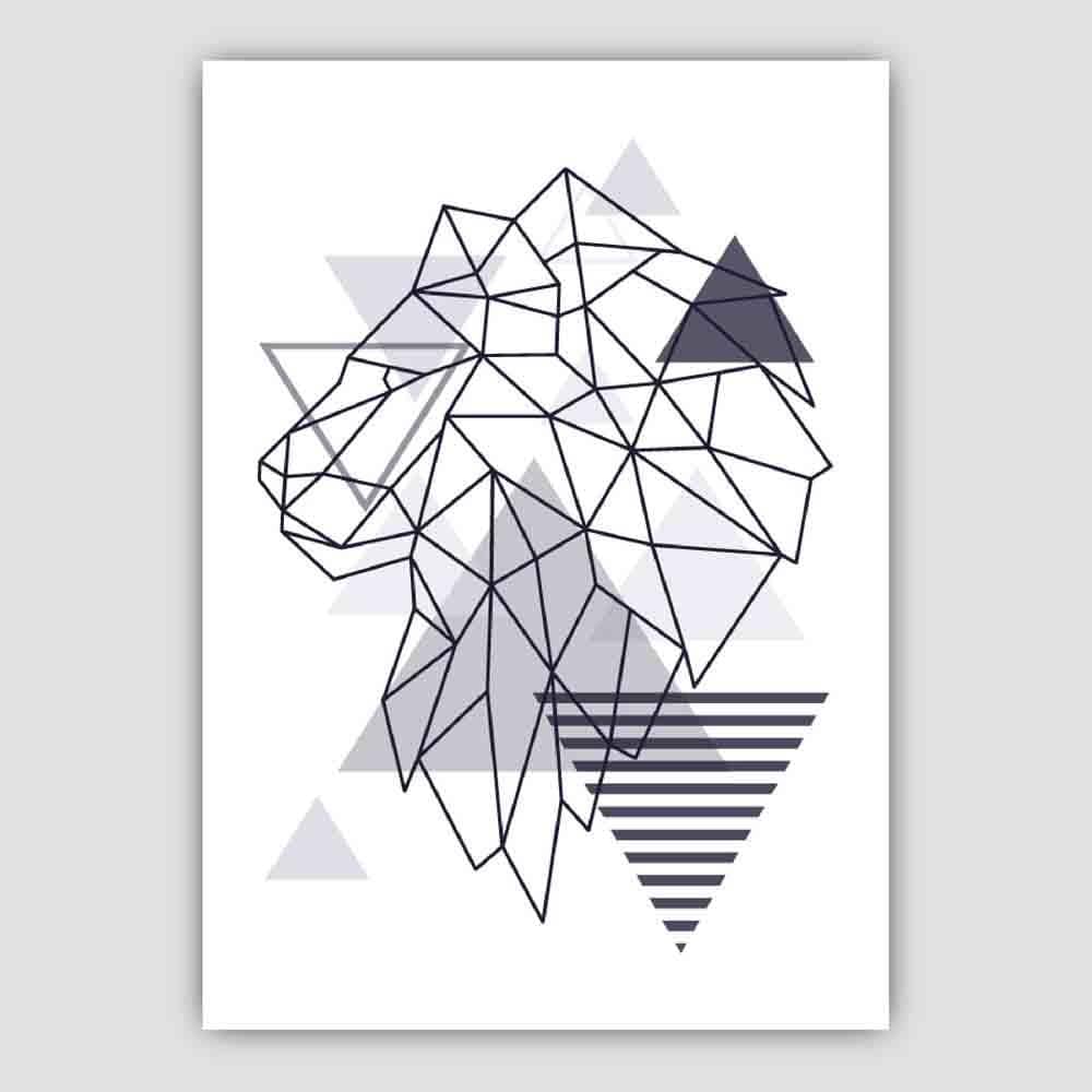 Lion Head Looking Left Abstract Geometric Scandinavian Navy Blue Poster