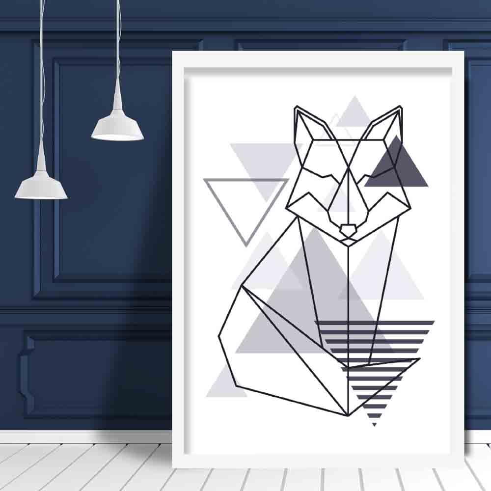 Sitting Fox Abstract Geometric Scandinavian Navy Blue Poster