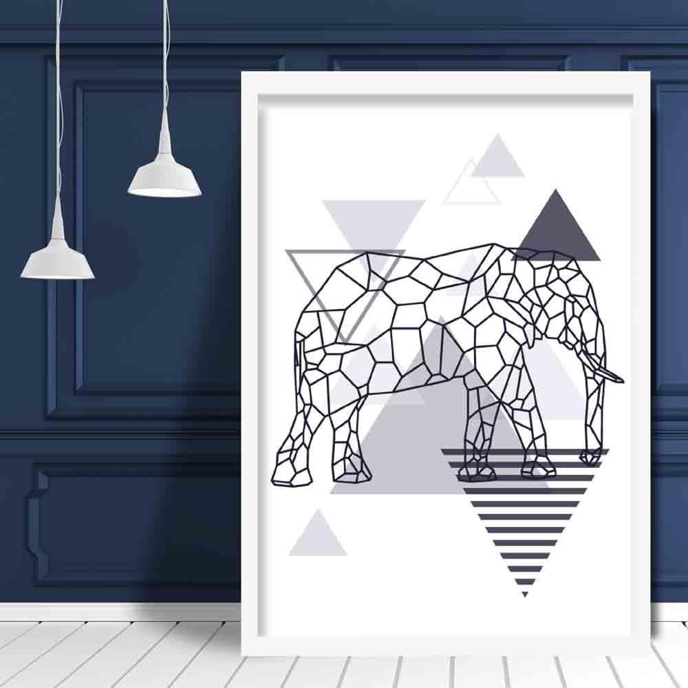 Elephant Abstract Geometric Scandinavian Navy Blue Poster