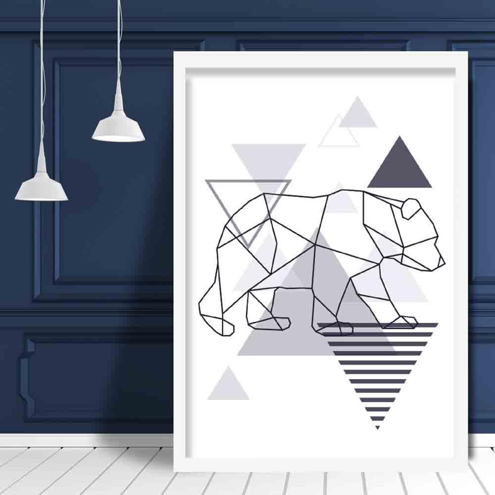 Walking Bear Abstract Geometric Scandinavian Navy Blue Poster