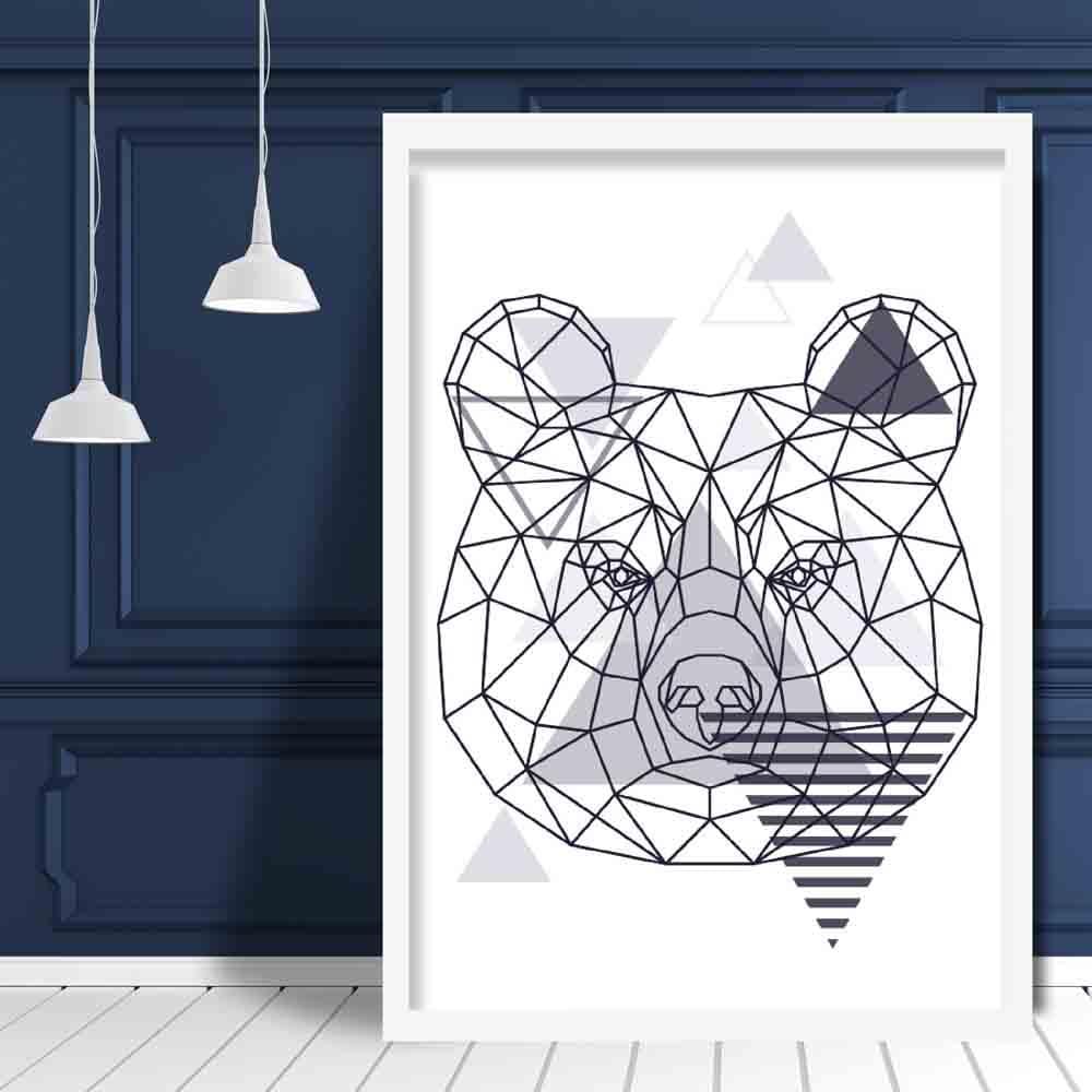 Bear Head Abstract Geometric Scandinavian Navy Blue Art Print