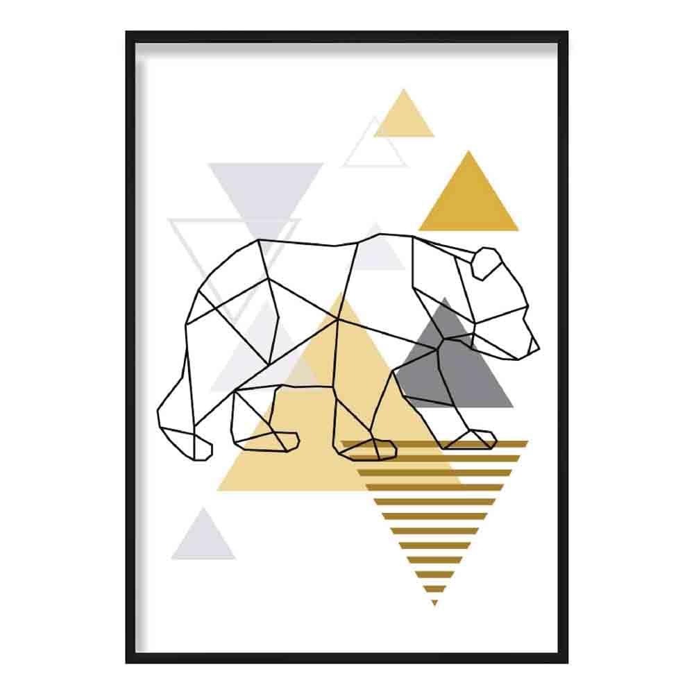 Walking Bear Abstract Geometric Scandinavian Yellow and Grey Poster