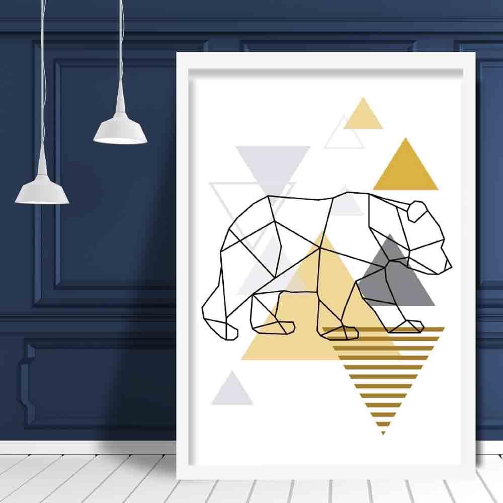 Walking Bear Abstract Geometric Scandinavian Yellow and Grey Poster