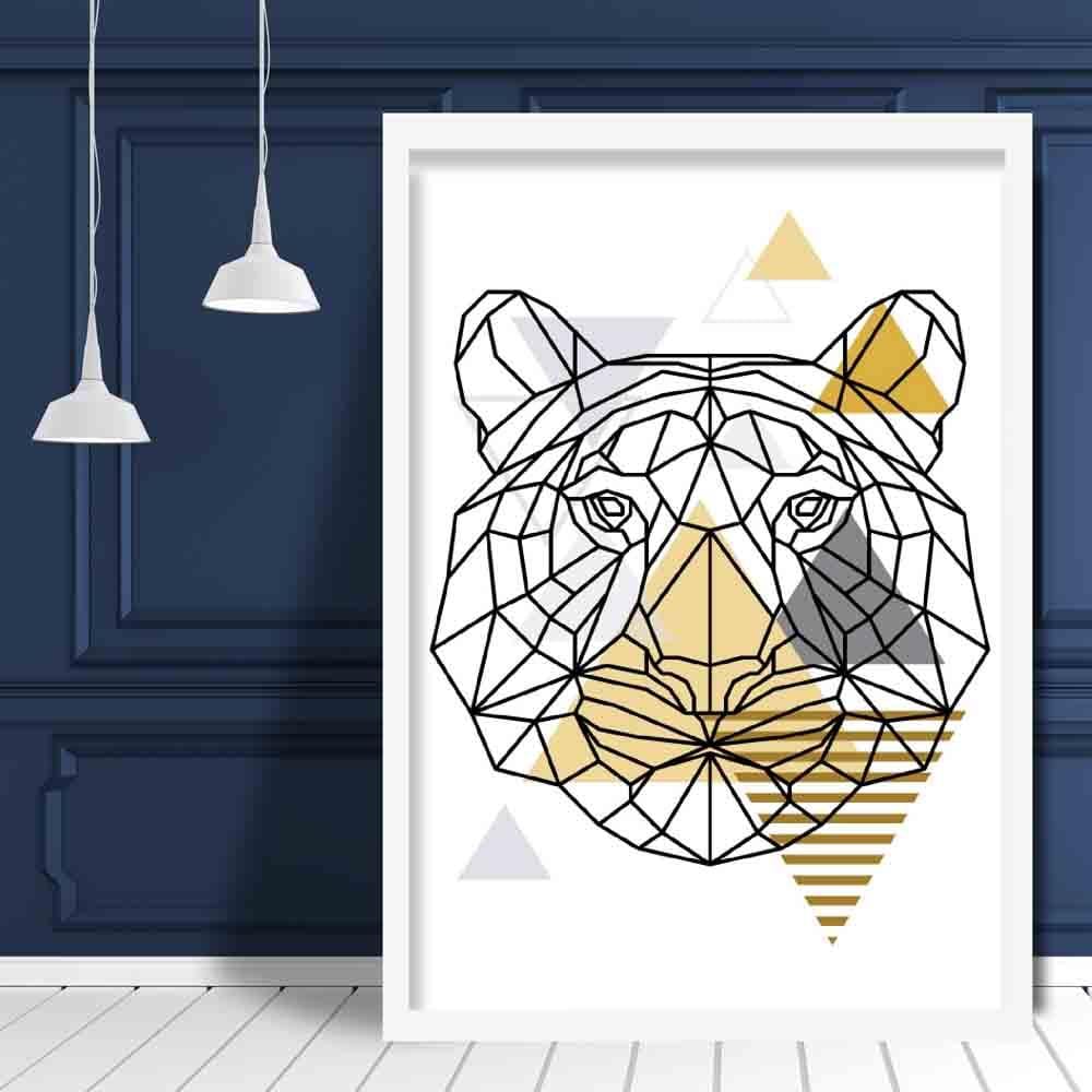 Tiger Head Abstract Geometric Scandinavian Yellow and Grey Poster