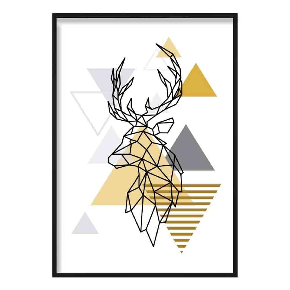 Stag Head Looking Left Abstract Geometric Scandinavian Yellow and Grey Poster