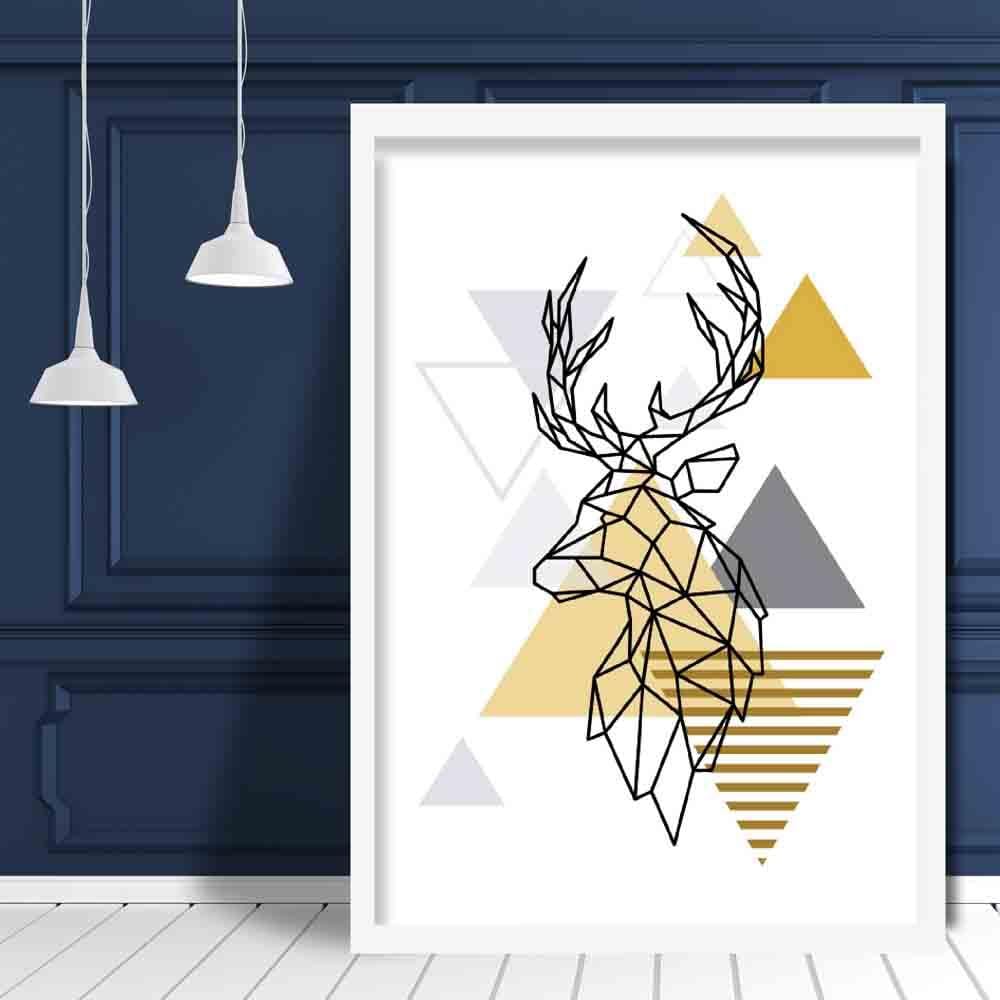 Stag Head Looking Left Abstract Geometric Scandinavian Yellow and Grey Poster