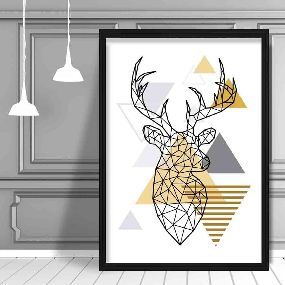 Stag Head Looking Right Abstract Geometric Scandinavian Yellow and Grey Poster