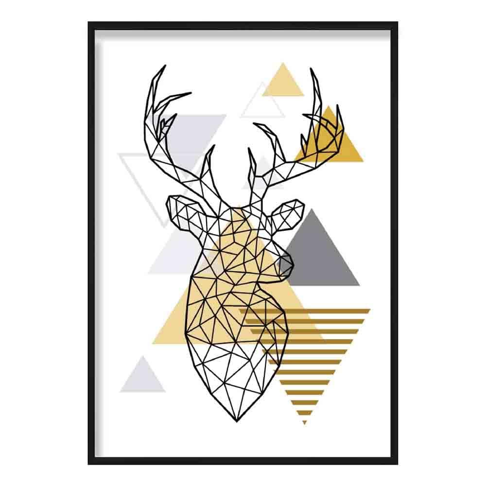 Stag Head Looking Right Abstract Geometric Scandinavian Yellow and Grey Poster