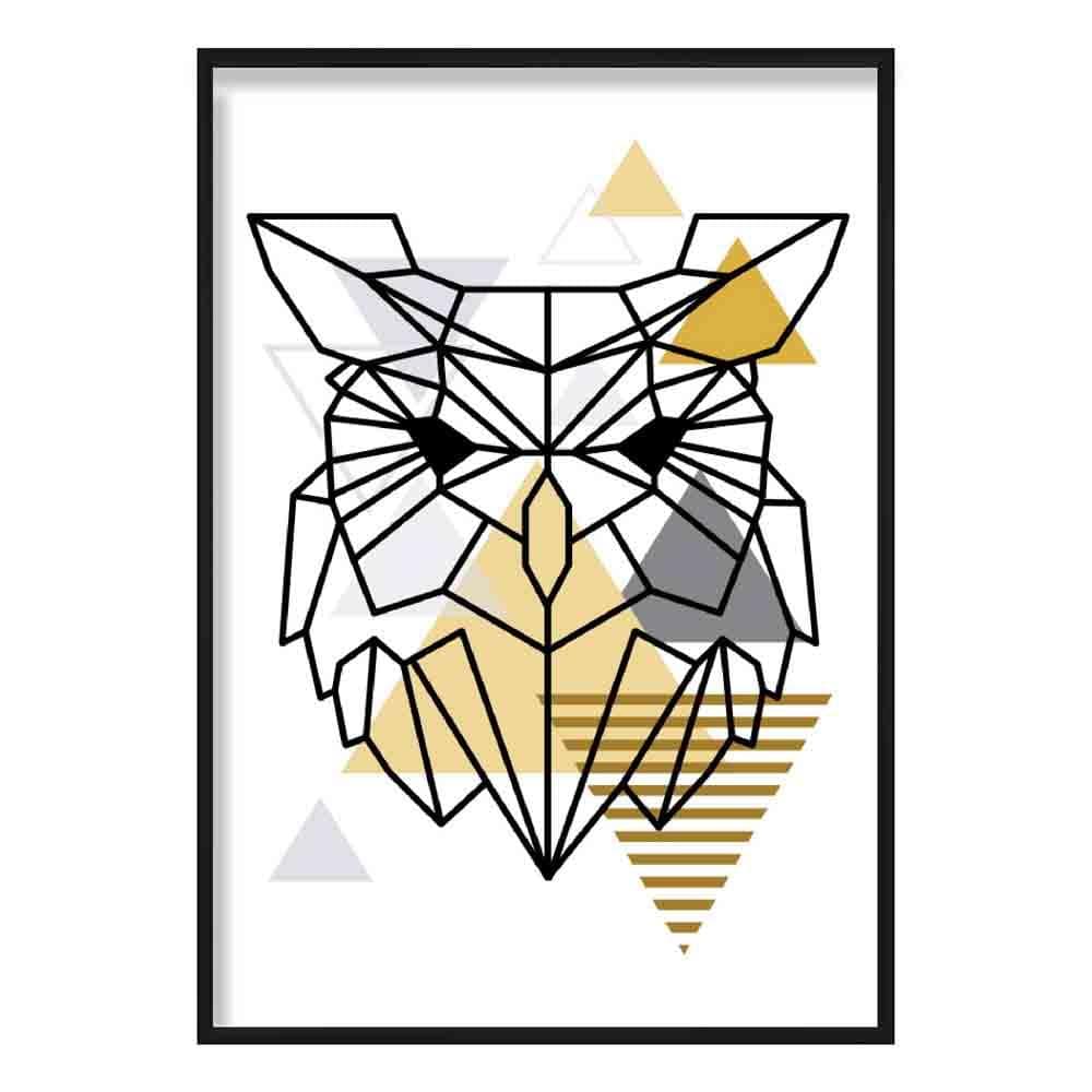 Owl Head Abstract Geometric Scandinavian Yellow and Grey Print