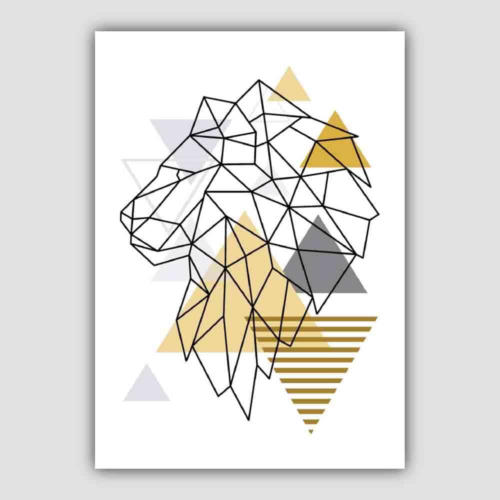 Lion Head Looking Left Abstract Geometric Scandinavian Yellow and Grey Print
