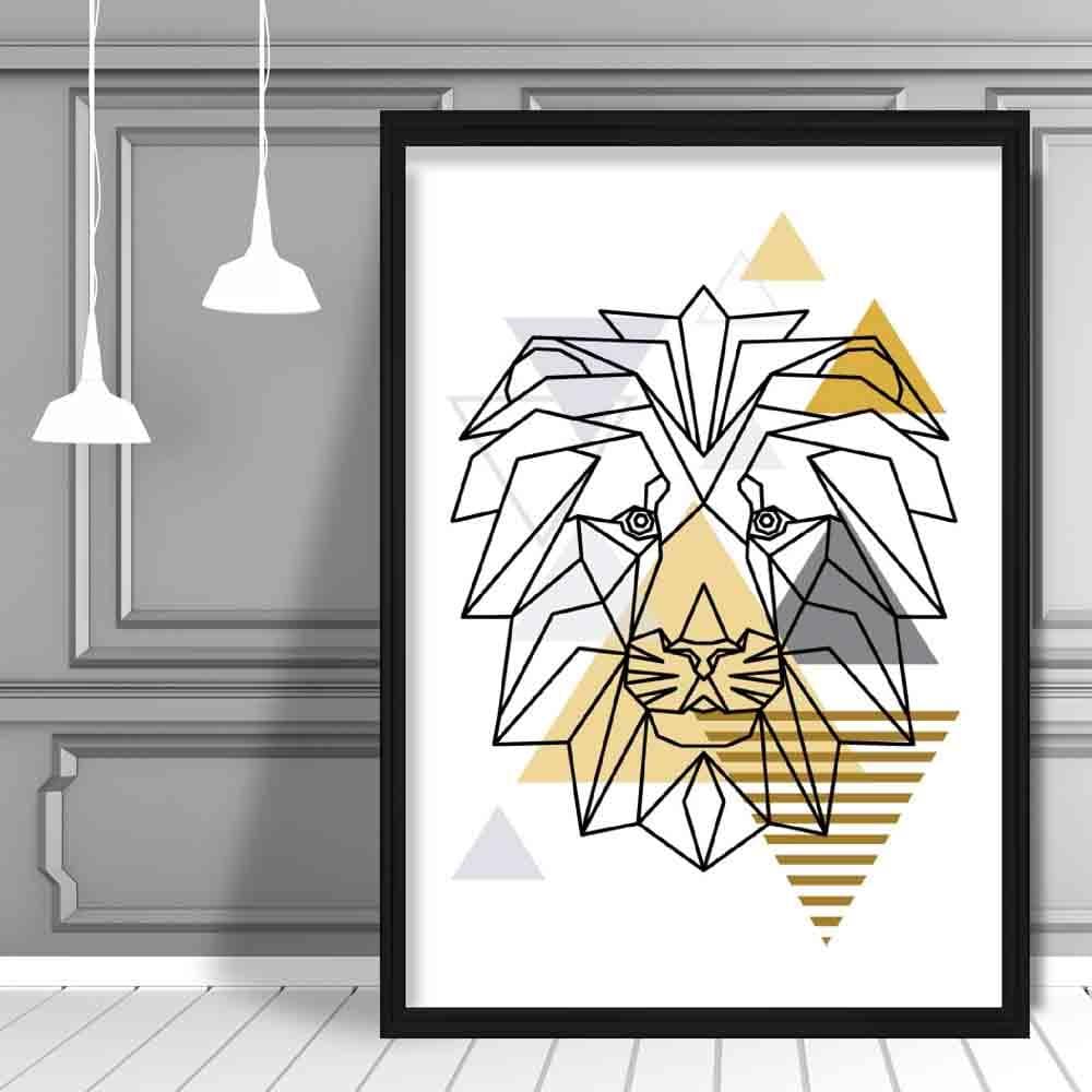 Lion Head Abstract Geometric Scandinavian Yellow and Grey Print