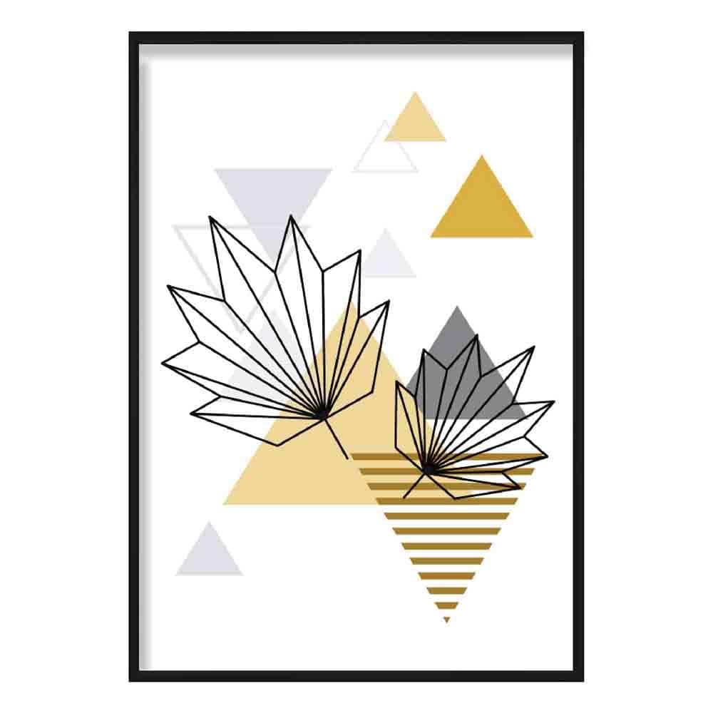 Tropical Leaves Abstract Geometric Scandinavian Yellow and Grey Poster