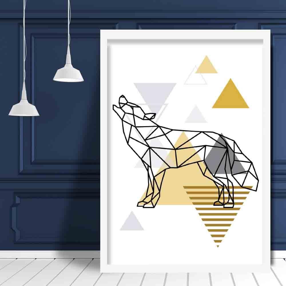 Wolf Abstract Geometric Scandinavian Yellow and Grey Poster