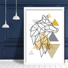 Wolf Head Looking Right Abstract Geometric Scandinavian Yellow and Grey Poster