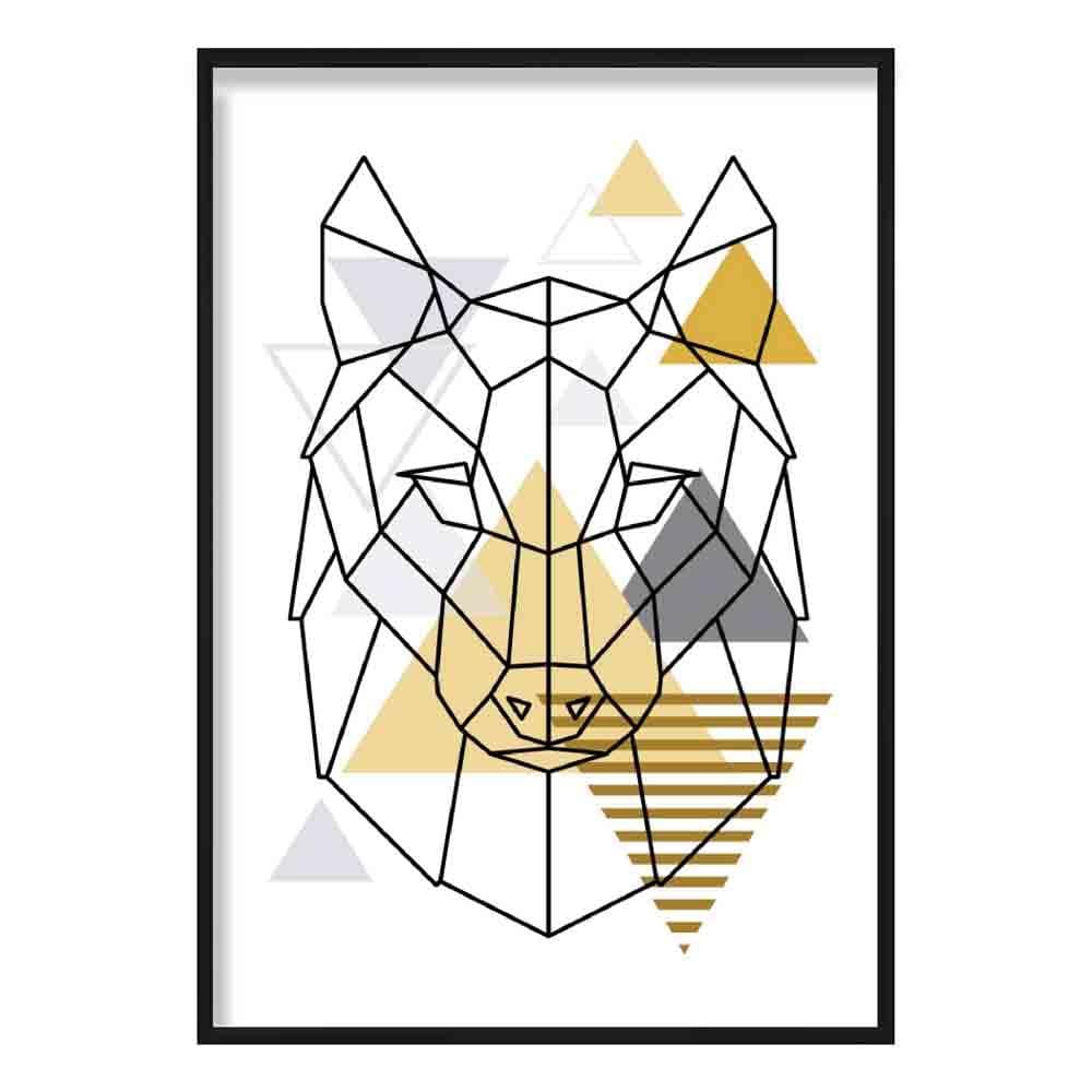 Wolf Head Abstract Geometric Scandinavian Yellow and Grey Poster