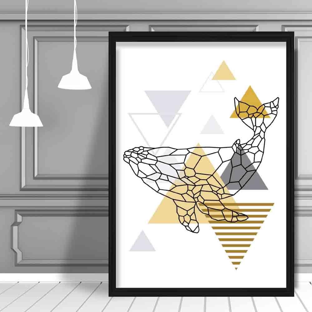Whale Abstract Geometric Scandinavian Yellow and Grey Poster