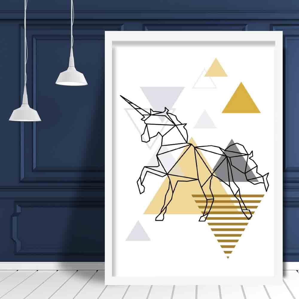 Unicorn Abstract Geometric Scandinavian Yellow and Grey Poster
