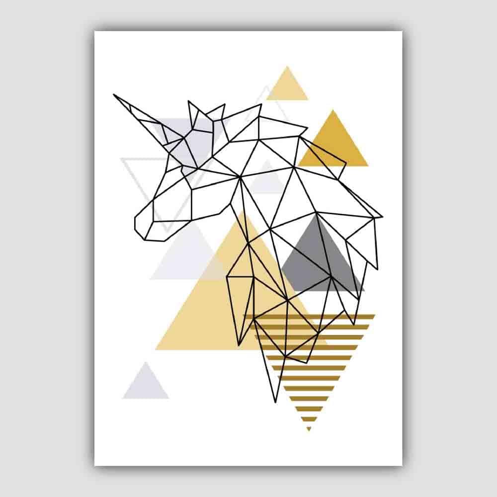 Unicorn Head Looking Left Abstract Geometric Scandinavian Yellow and Grey Poster