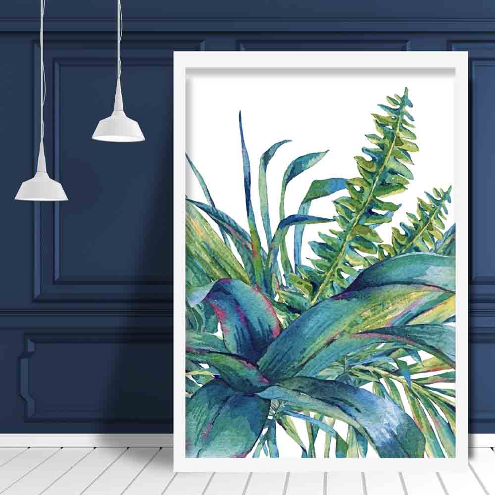 Tropical Blue Green Watercolour Leaves Group Right Poster