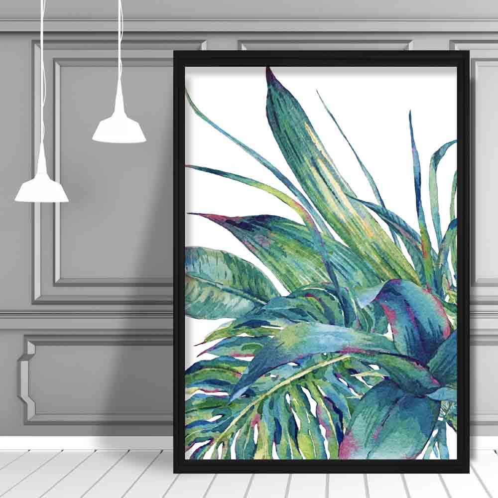 Tropical Blue Green Watercolour Leaves Group Left Poster