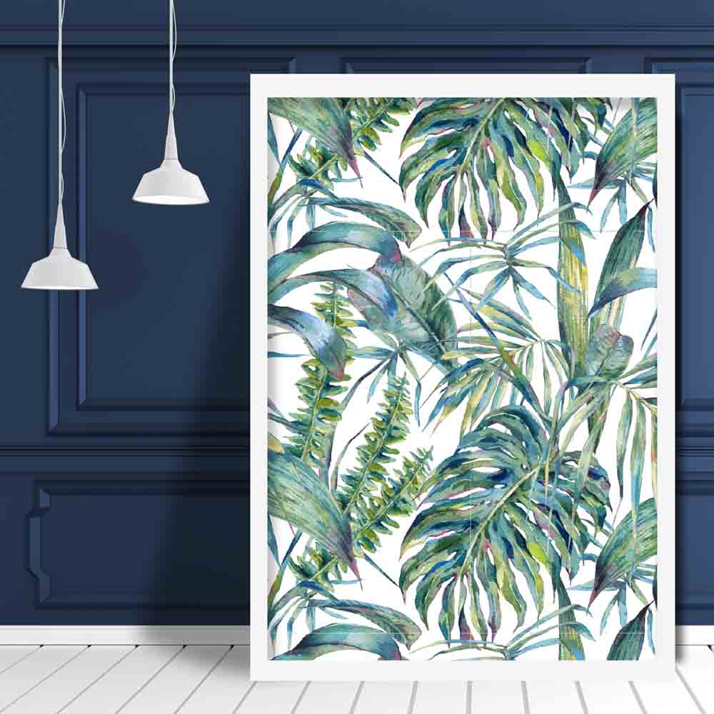 Tropical Blue Green Watercolour Leaves Pattern Poster