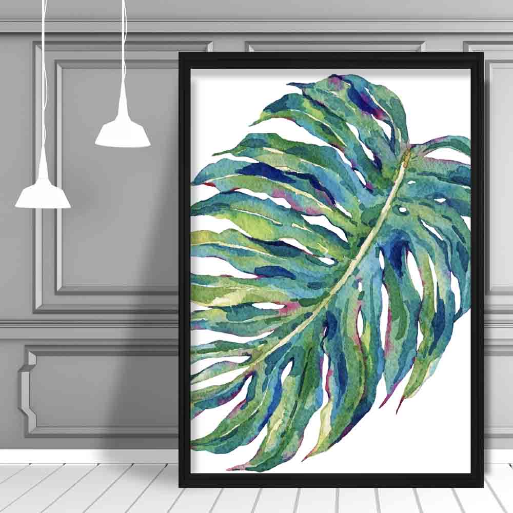 Monstera Blue Green Watercolour Leaves Poster