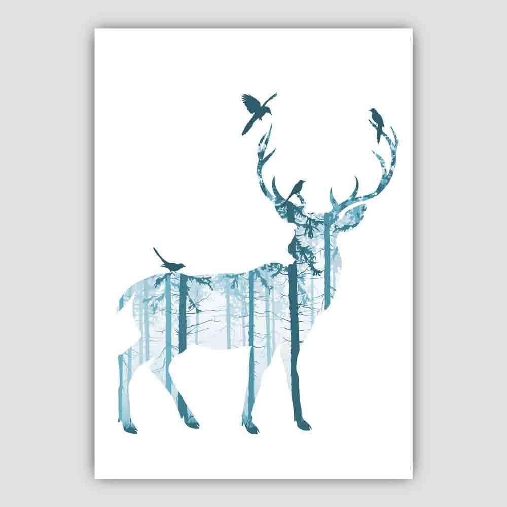 Stag and Forest Birds in Teal Art Print
