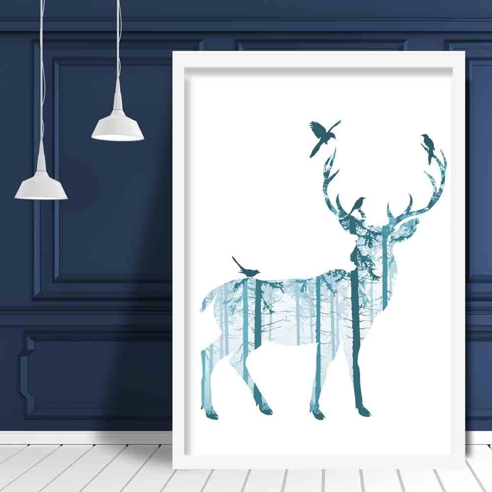 Stag and Forest Birds in Teal Art Print