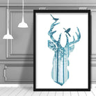 Stag Head and Forest Birds in Teal Art Print