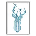 Stag Head and Forest Birds in Teal Art Print