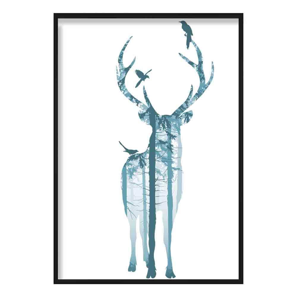 Forest Stag and Birds in Teal Art Print