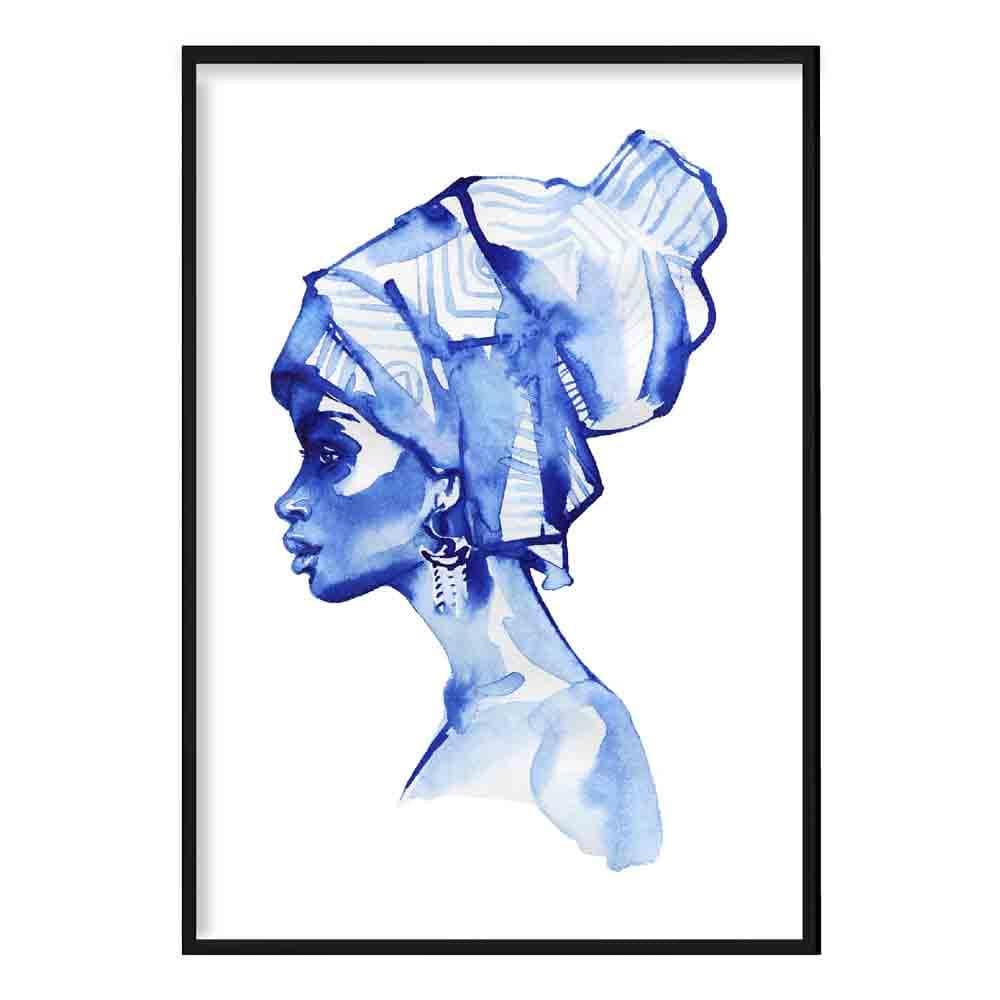 Monochrome Blue Woman Headscarf Poster