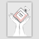 Hands holding Grey and Pink Paris Perfume Bottle Poster
