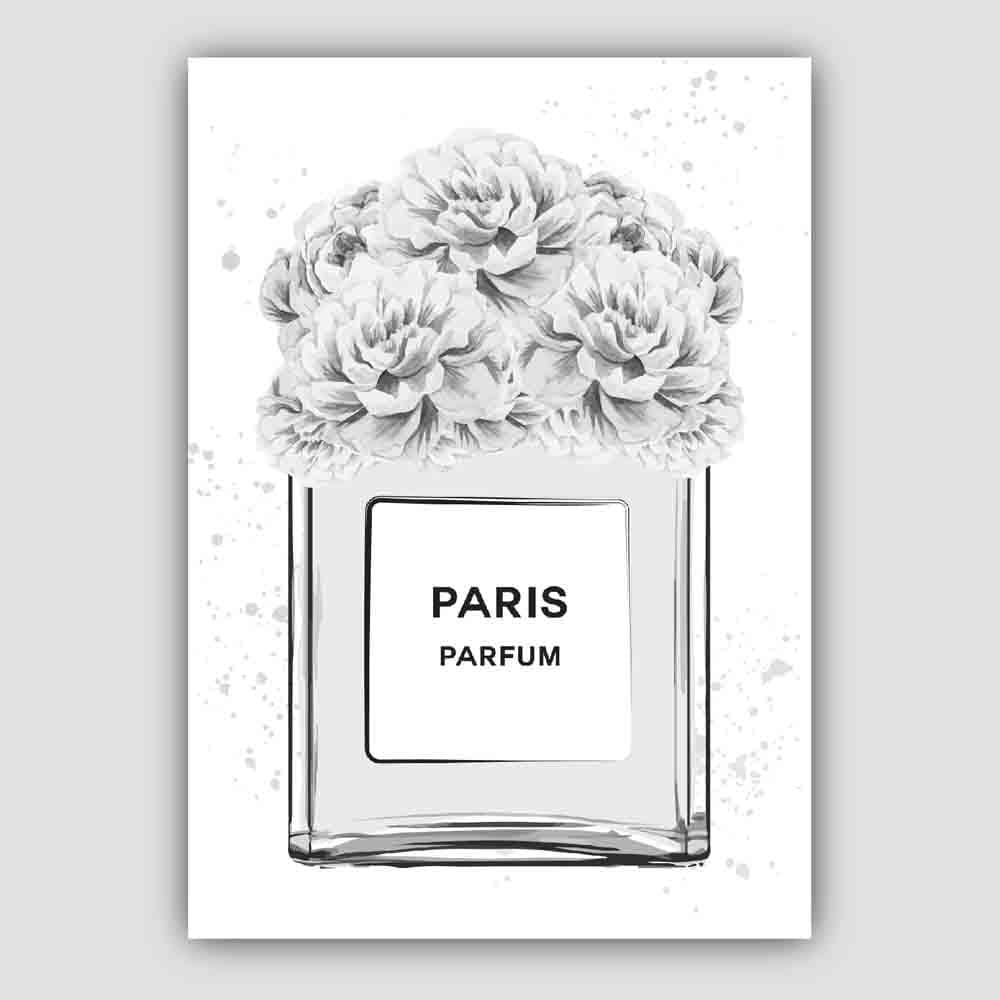Grey and Black Paris Perfume Bottle with Peonies Poster