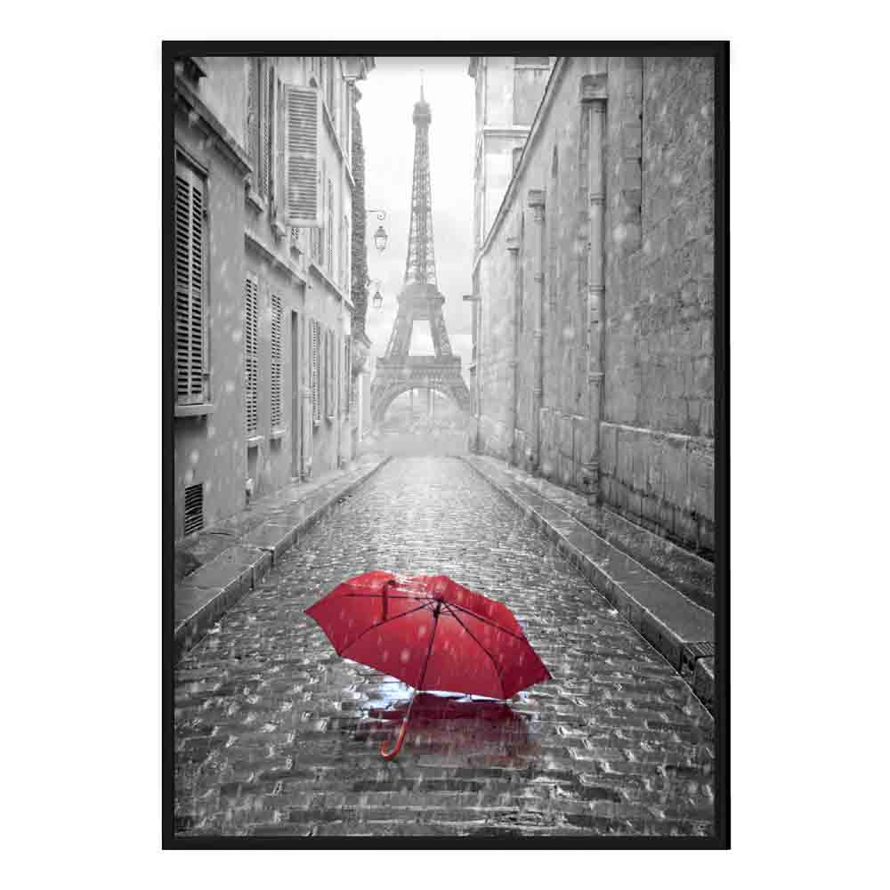 Black & White Paris Eiffel Tower Photo with Red Umbrella Poster